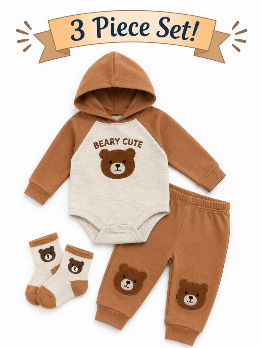 NWT Baby Essentials 3 Piece Baby Boy Bear Hoodie Outfit Set Size 3 Months Cute